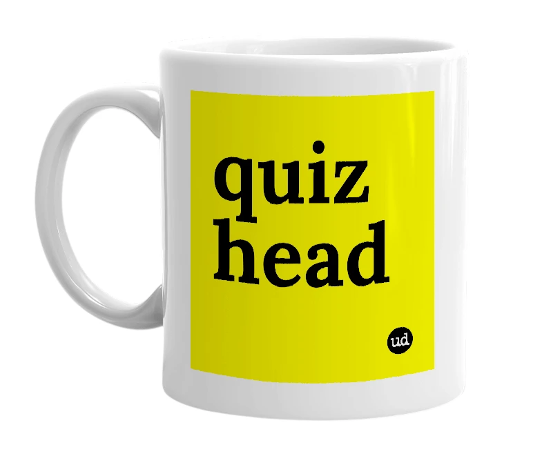 White mug with 'quiz head' in bold black letters