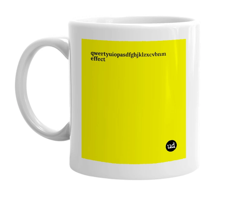 White mug with 'qwertyuiopasdfghjklzxcvbnm effect' in bold black letters