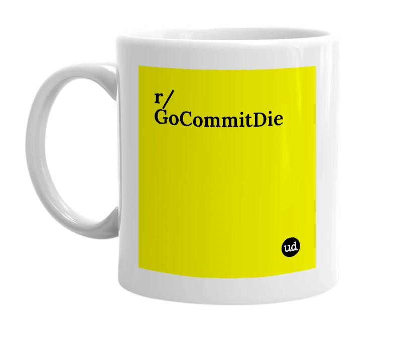White mug with 'r/GoCommitDie' in bold black letters