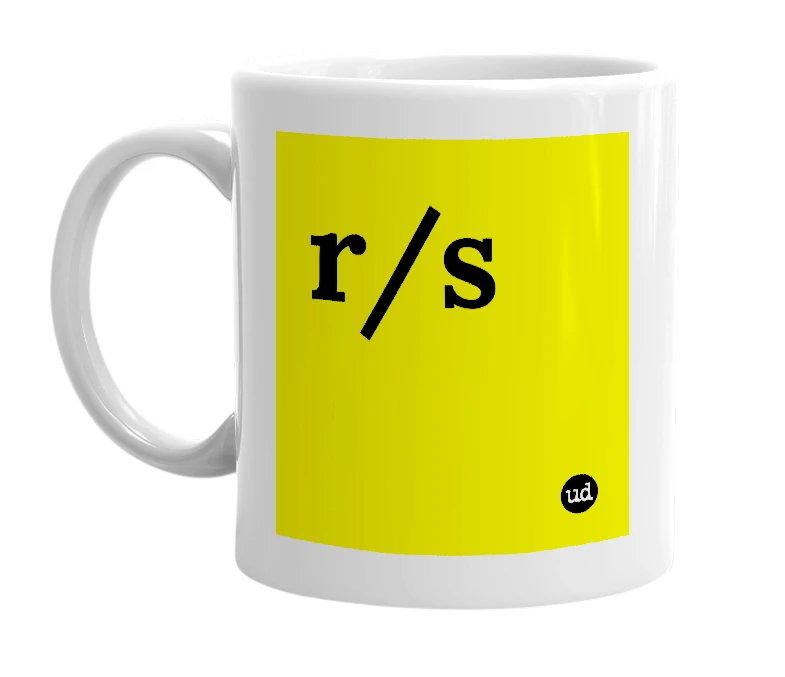 White mug with 'r/s' in bold black letters