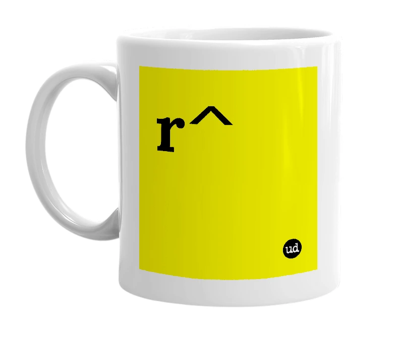 White mug with 'r^' in bold black letters