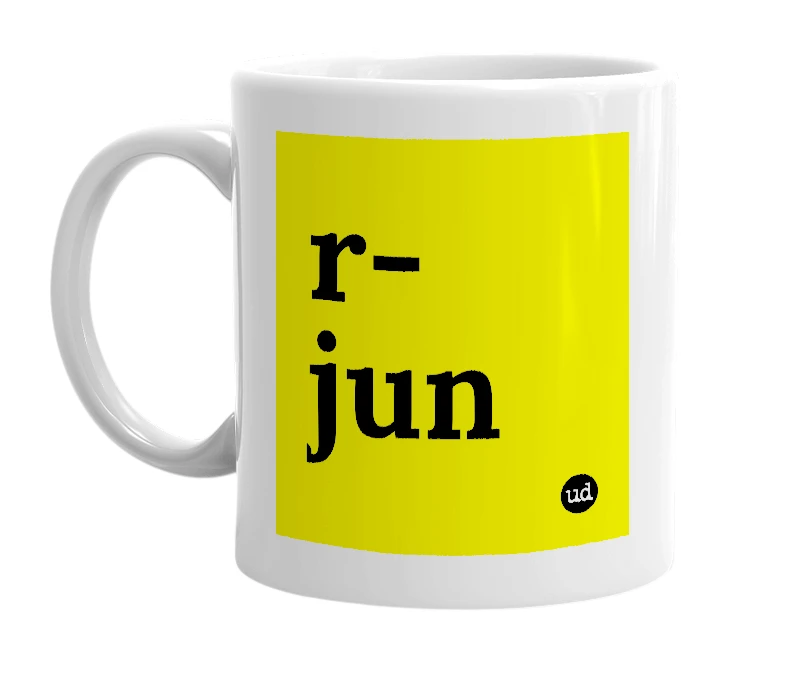 White mug with 'r-jun' in bold black letters