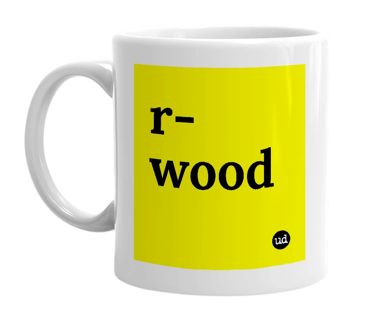 White mug with 'r-wood' in bold black letters