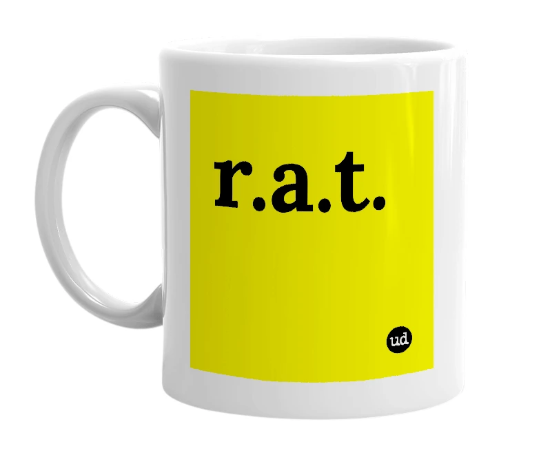 White mug with 'r.a.t.' in bold black letters