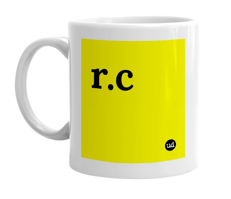 White mug with 'r.c' in bold black letters