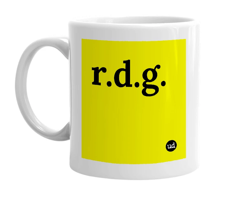 White mug with 'r.d.g.' in bold black letters