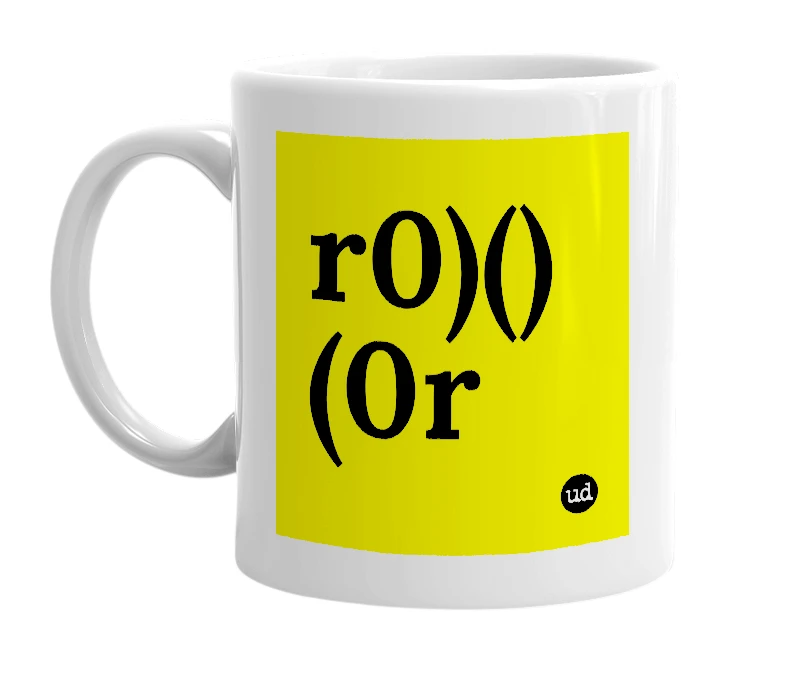 White mug with 'r0)()(0r' in bold black letters