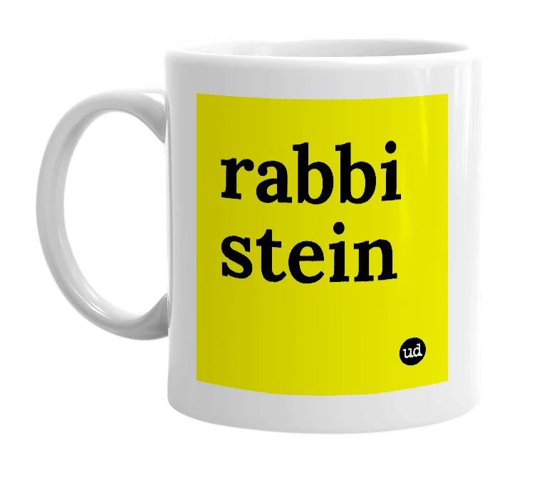 White mug with 'rabbi stein' in bold black letters
