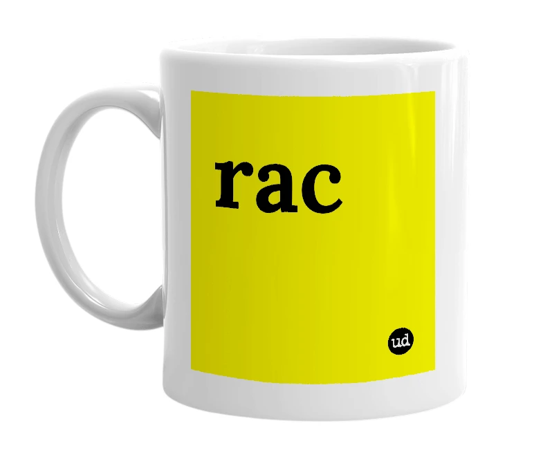 White mug with 'rac' in bold black letters