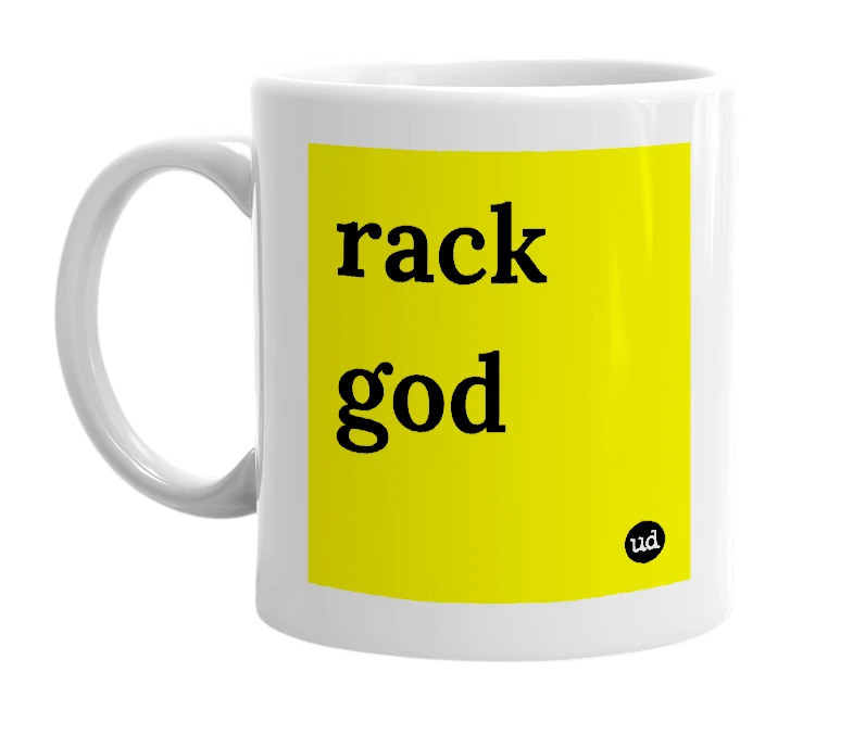 White mug with 'rack god' in bold black letters