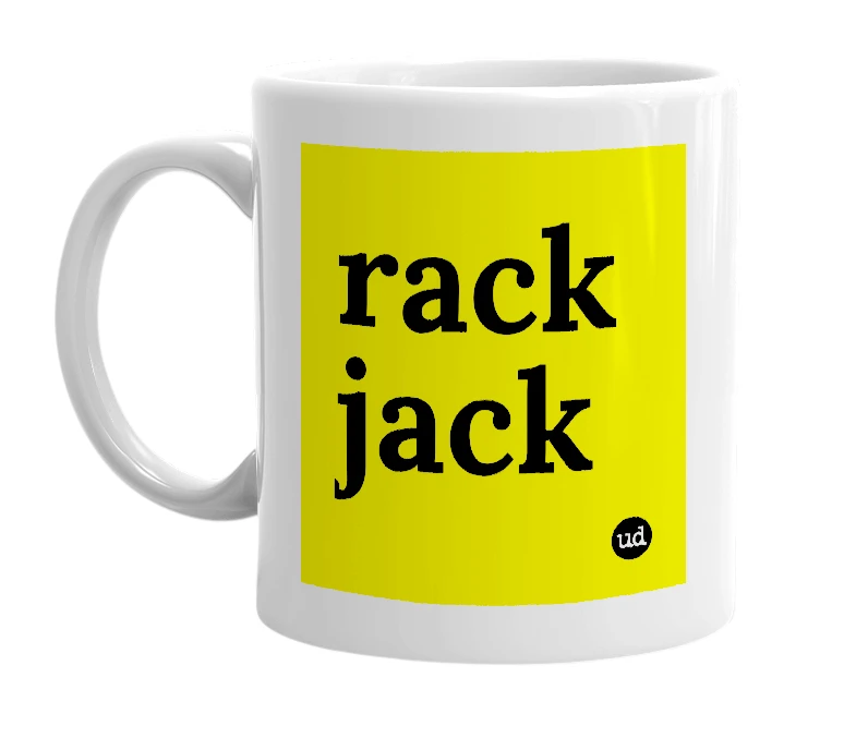 White mug with 'rack jack' in bold black letters