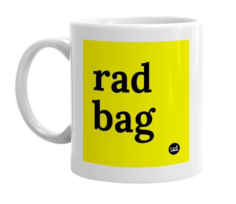White mug with 'rad bag' in bold black letters