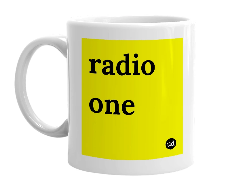 White mug with 'radio one' in bold black letters