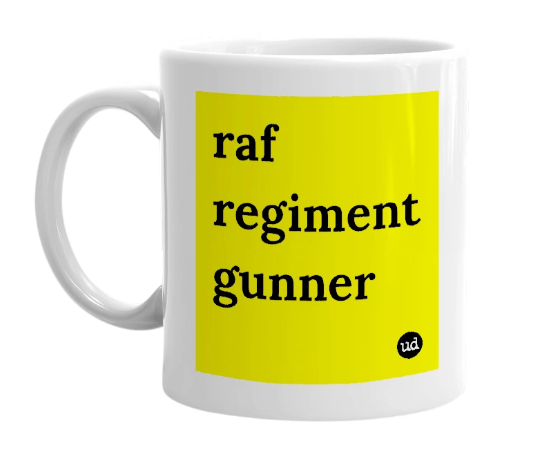 White mug with 'raf regiment gunner' in bold black letters
