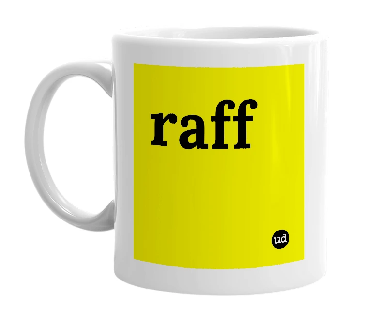 White mug with 'raff' in bold black letters