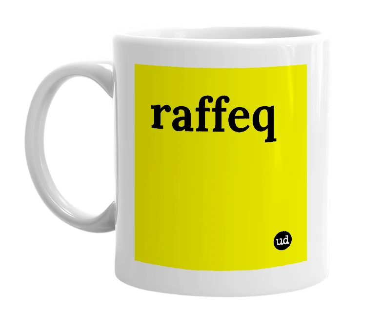 White mug with 'raffeq' in bold black letters