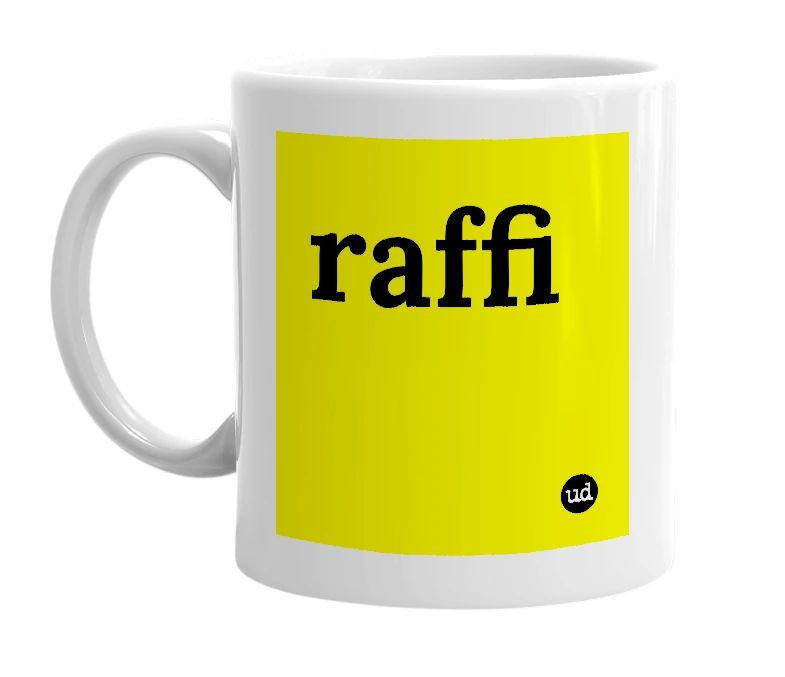 White mug with 'raffi' in bold black letters