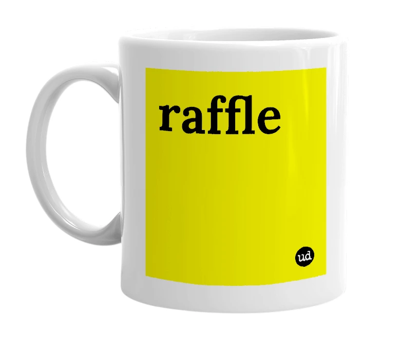 White mug with 'raffle' in bold black letters