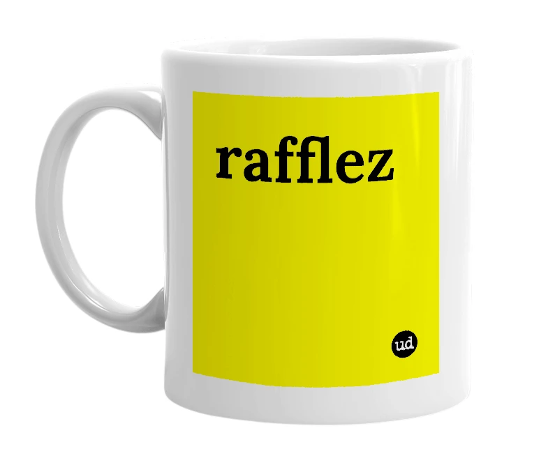 White mug with 'rafflez' in bold black letters