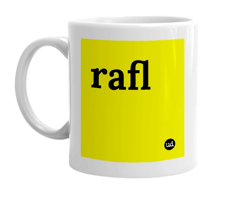 White mug with 'rafl' in bold black letters