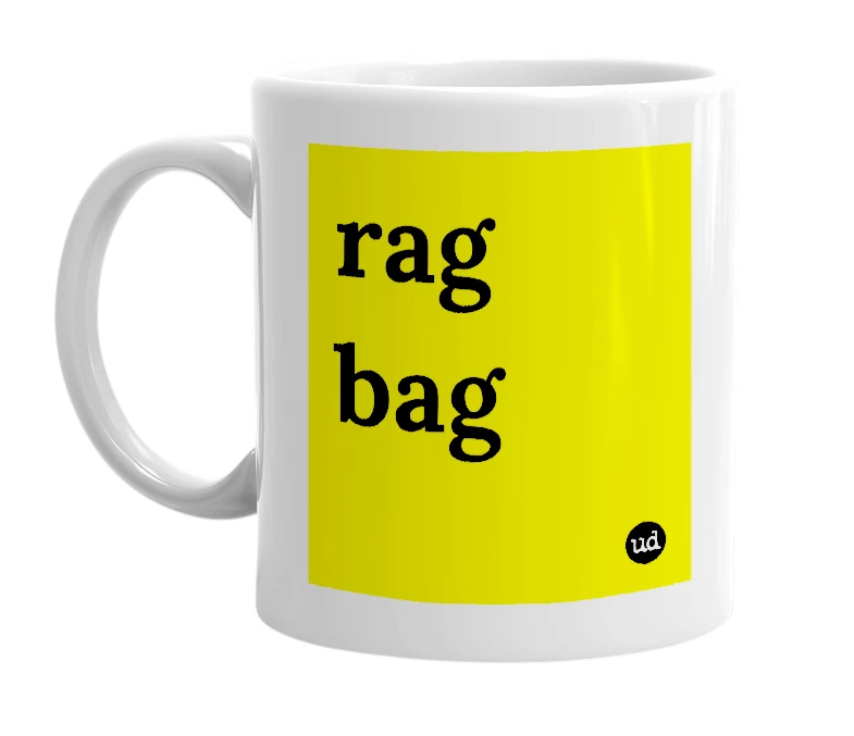 White mug with 'rag bag' in bold black letters
