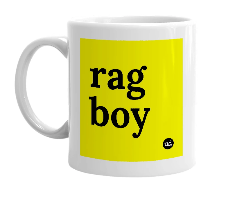 White mug with 'rag boy' in bold black letters