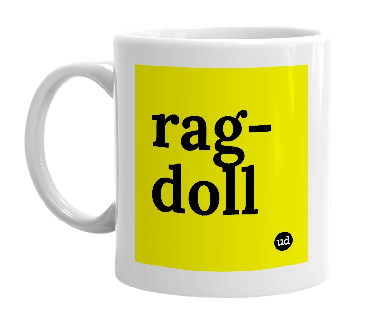 White mug with 'rag-doll' in bold black letters