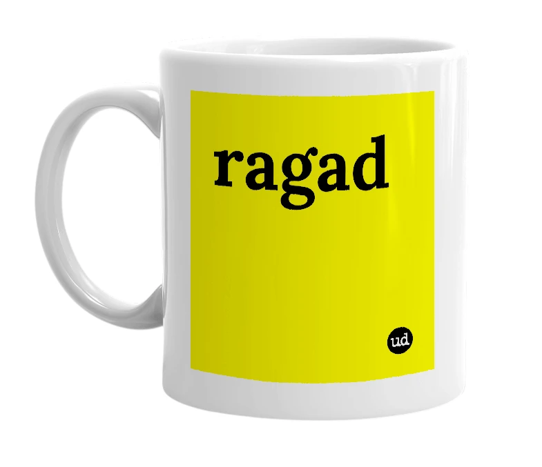 White mug with 'ragad' in bold black letters