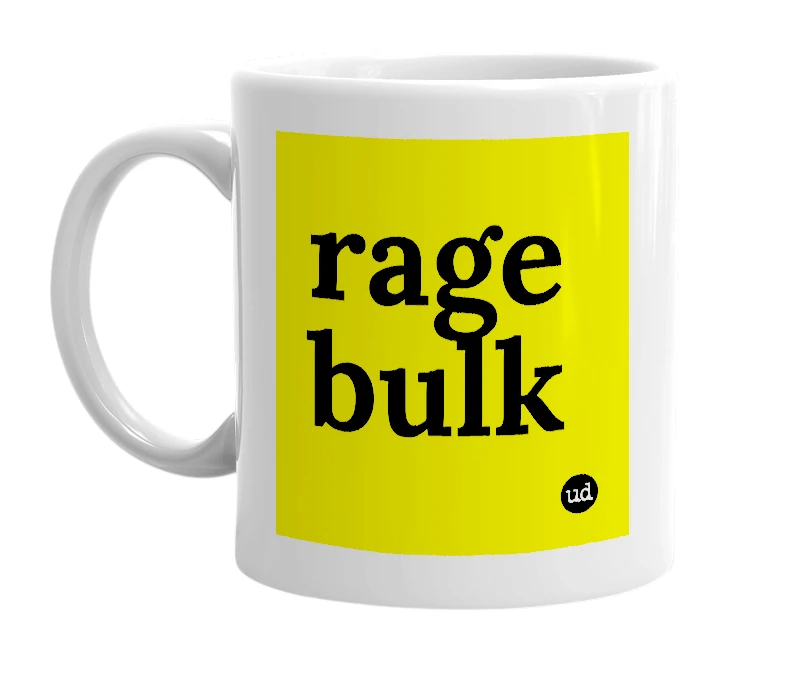 White mug with 'rage bulk' in bold black letters