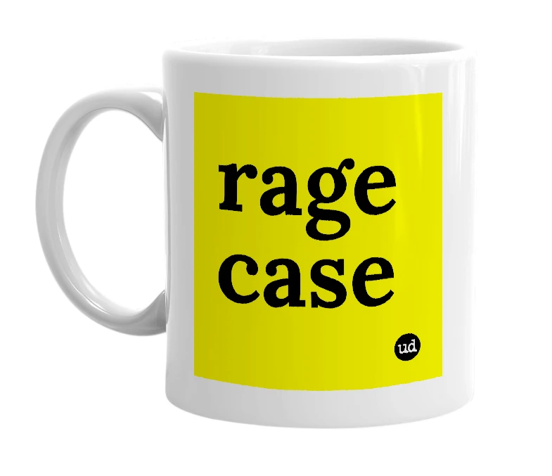 White mug with 'rage case' in bold black letters