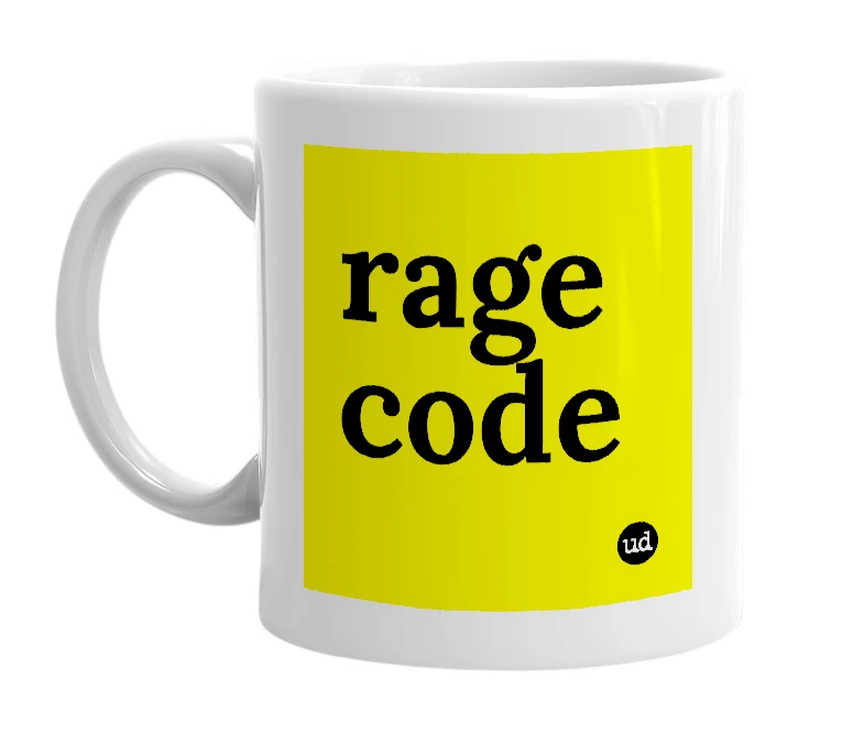 White mug with 'rage code' in bold black letters
