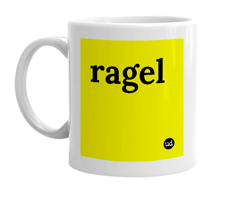 White mug with 'ragel' in bold black letters