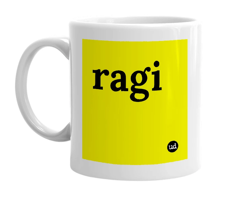 White mug with 'ragi' in bold black letters