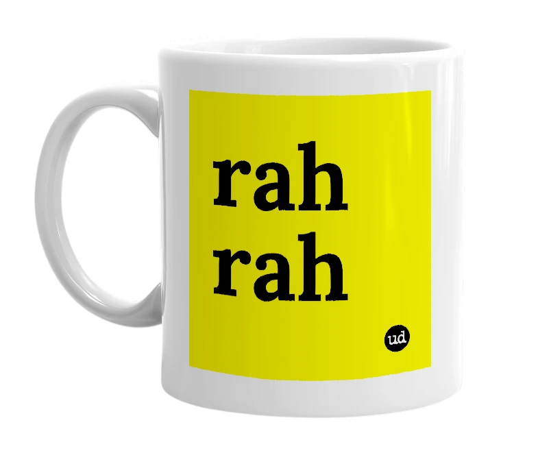 White mug with 'rah rah' in bold black letters