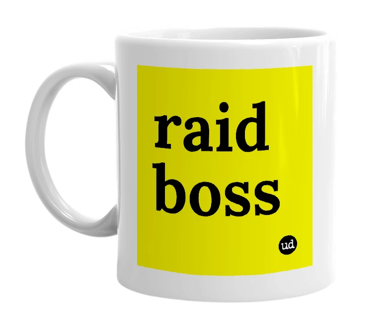 White mug with 'raid boss' in bold black letters