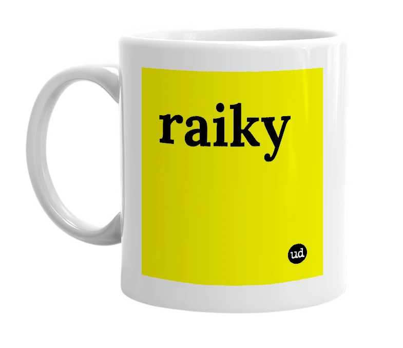 White mug with 'raiky' in bold black letters