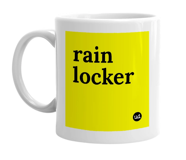 White mug with 'rain locker' in bold black letters