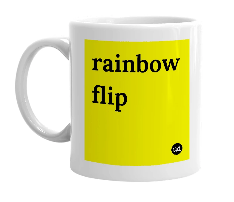 White mug with 'rainbow flip' in bold black letters
