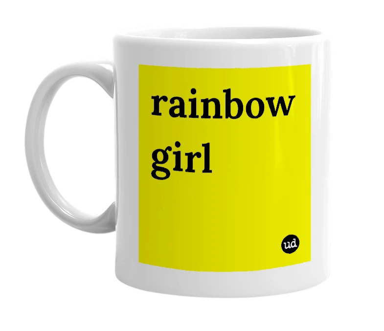 White mug with 'rainbow girl' in bold black letters