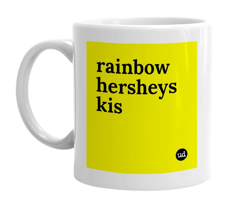 White mug with 'rainbow hersheys kis' in bold black letters