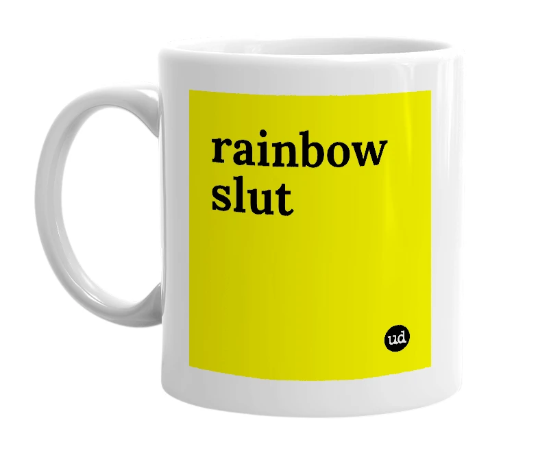White mug with 'rainbow slut' in bold black letters