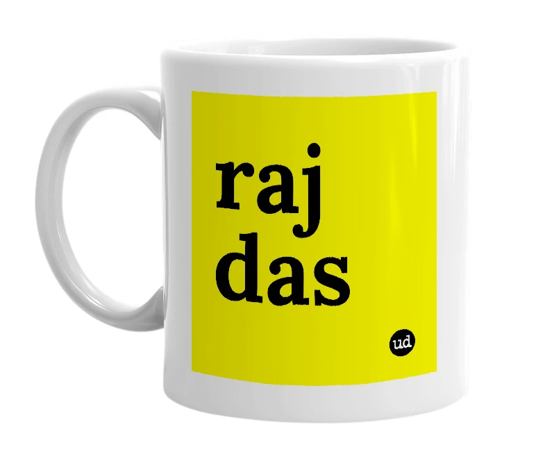 White mug with 'raj das' in bold black letters