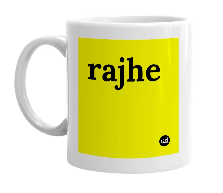 White mug with 'rajhe' in bold black letters