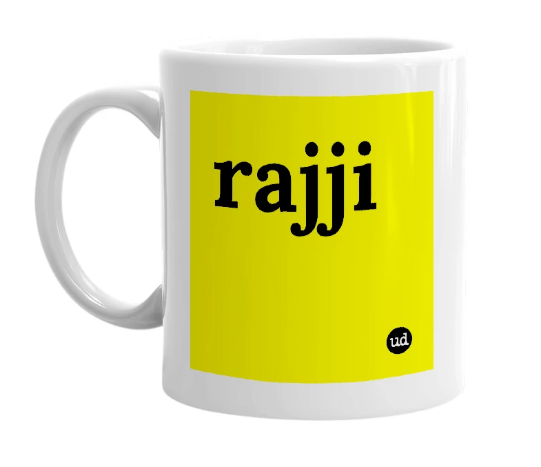 White mug with 'rajji' in bold black letters