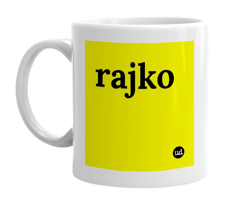 White mug with 'rajko' in bold black letters