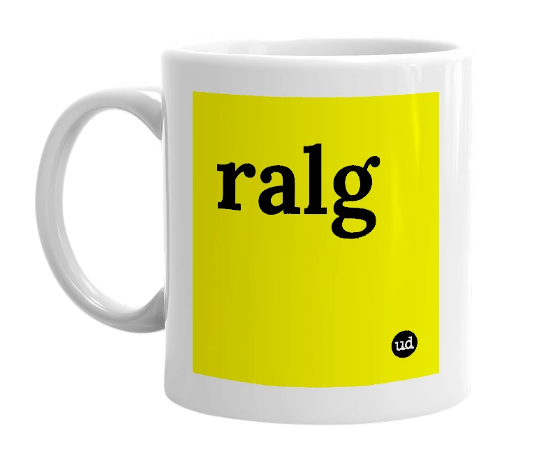 White mug with 'ralg' in bold black letters