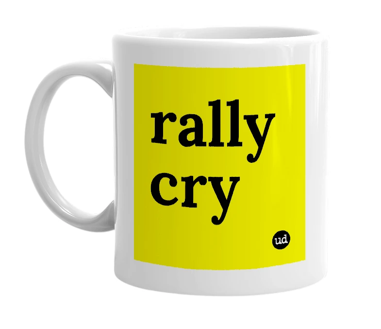 White mug with 'rally cry' in bold black letters