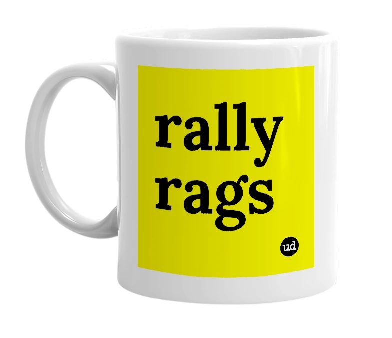 White mug with 'rally rags' in bold black letters