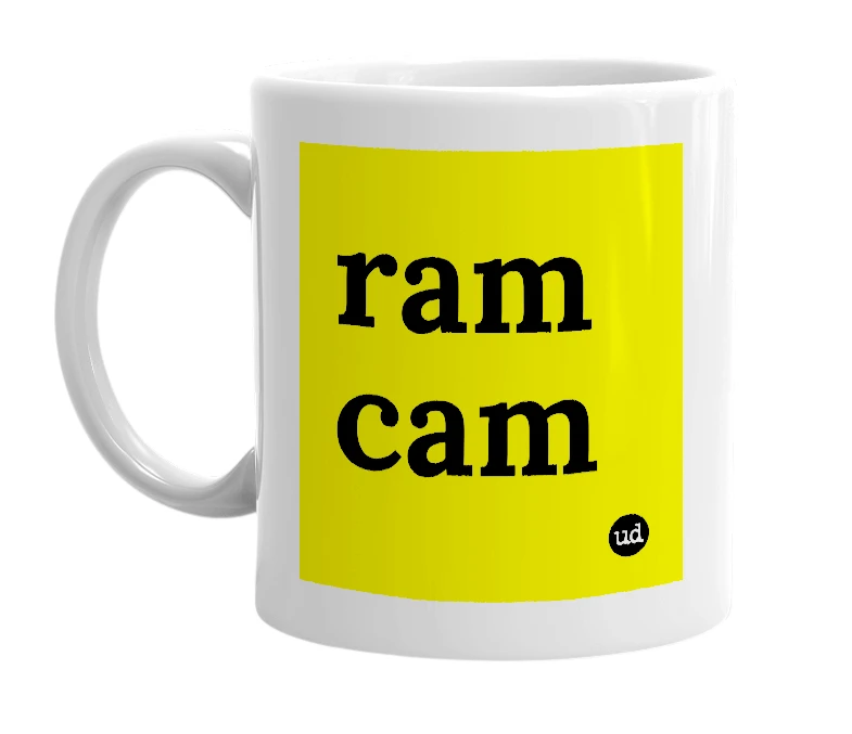 White mug with 'ram cam' in bold black letters