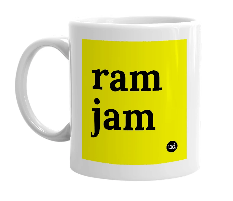 White mug with 'ram jam' in bold black letters